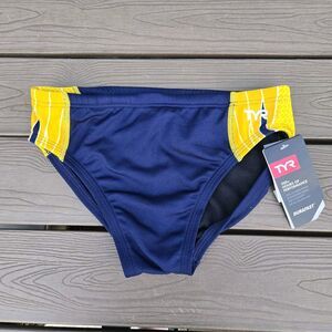 TYR Boy's Men's Durafast Elite Phoenix Navy/gold Swim Racer Brief SZ 28 New